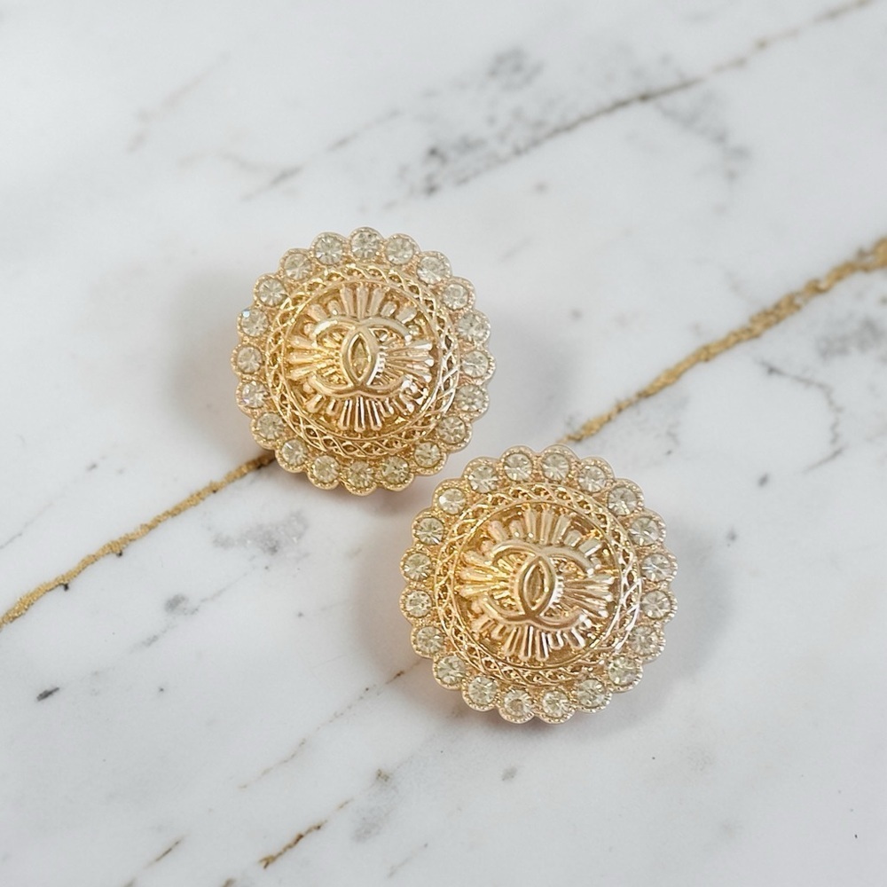 Luxury Gold/Rhinestone Upcycled Button Earrings 20mm